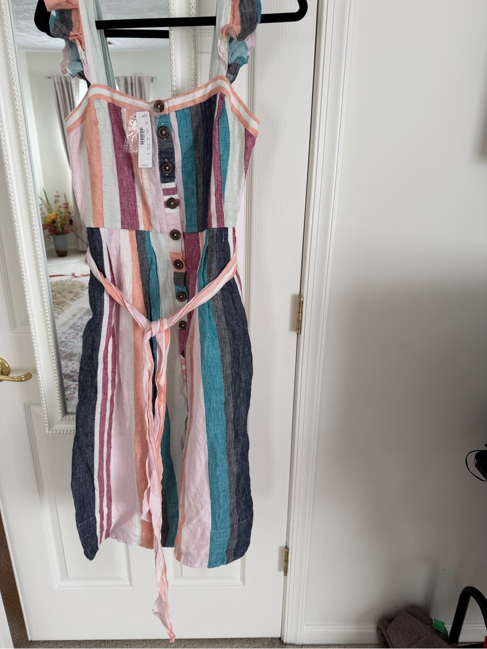 J. Crew Linen Summer Dress Midi Button-up Multicolor Mixed Stripe Ruffle NWT - Picture 4 of 12